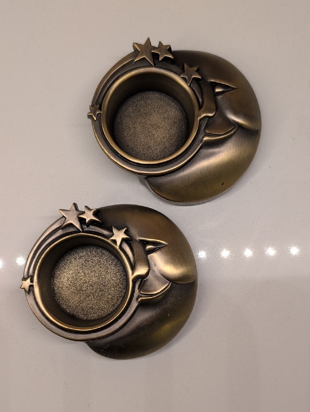 Rare Vintage 90s Bronze Celestial Moon & Stars Tealight Holder Set (2)